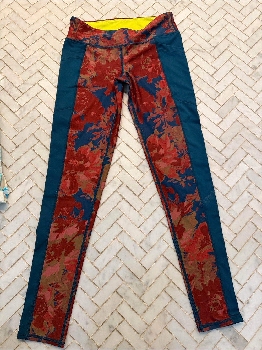 Without Walls Teal and Red Floral Leggings with Yellow Waistband